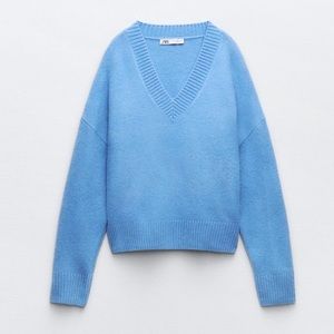 Zara Oversized soft knit ribbed V neck Blue sweater size Medium